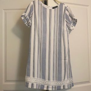 Ardell Blue and White Striped Embroidered Shift Dress